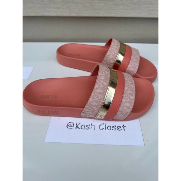 Michael Kors Slide brandy metallic striped logo sandal sherbert - Picture 2 of 6